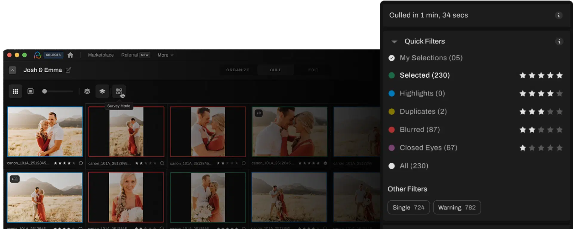 Aftershoot editing interface with rating panel